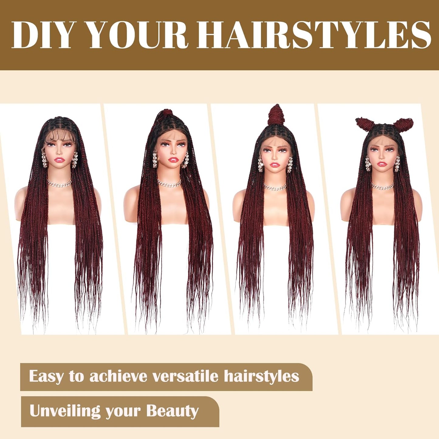 36 Inches Criss Cross Knotless Box Braided Wigs for Black Women Full Double Lace Front Wigs with Baby Hair for African American Women