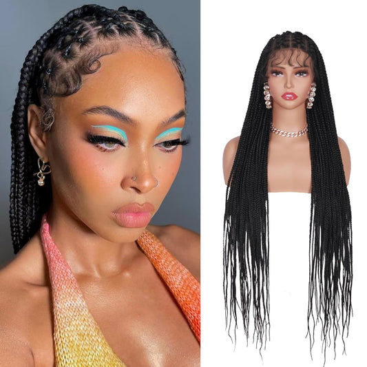 36 Inches Criss Cross Knotless Box Braided Wigs for Black Women Full Double Lace Front Wigs with Baby Hair for African American Women